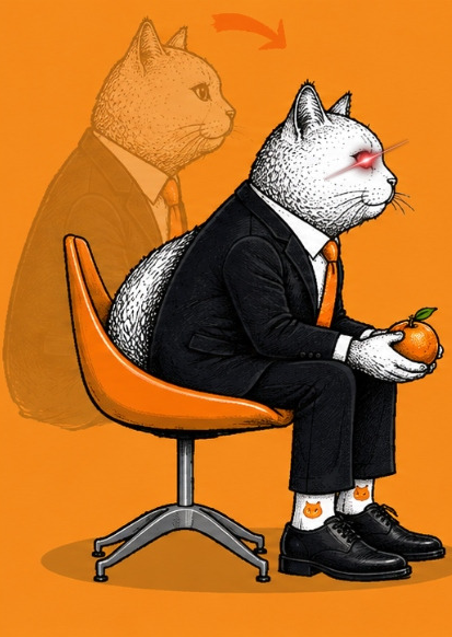 An orange cat in a suit, sitting in a chair, holding a small orange, with his orange spirit behind him